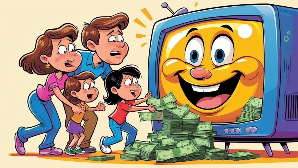 A cartoon family shoveling money into their TV DVR
