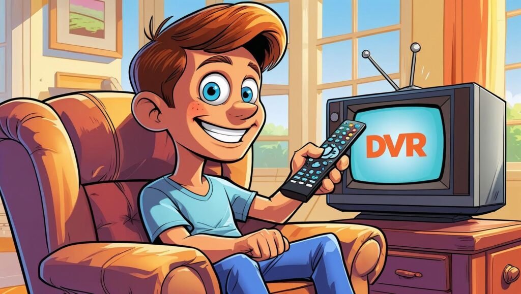 A cartoon happy man watching his DVR
