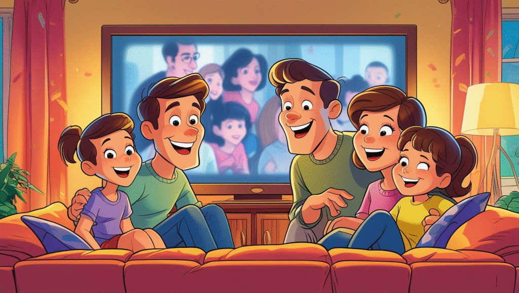happy family watching TV