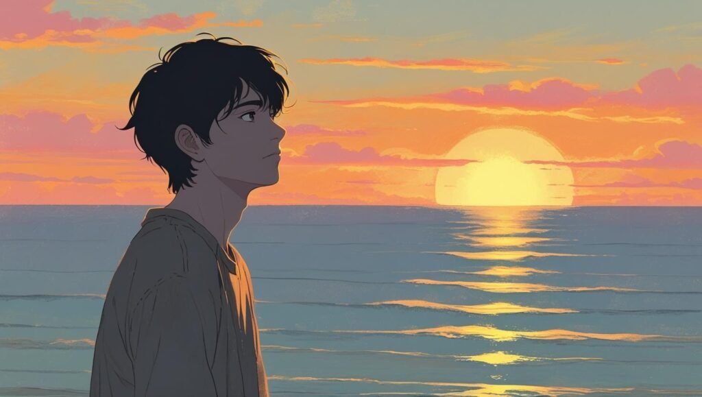 young man admiring the sunset over a calm sea
