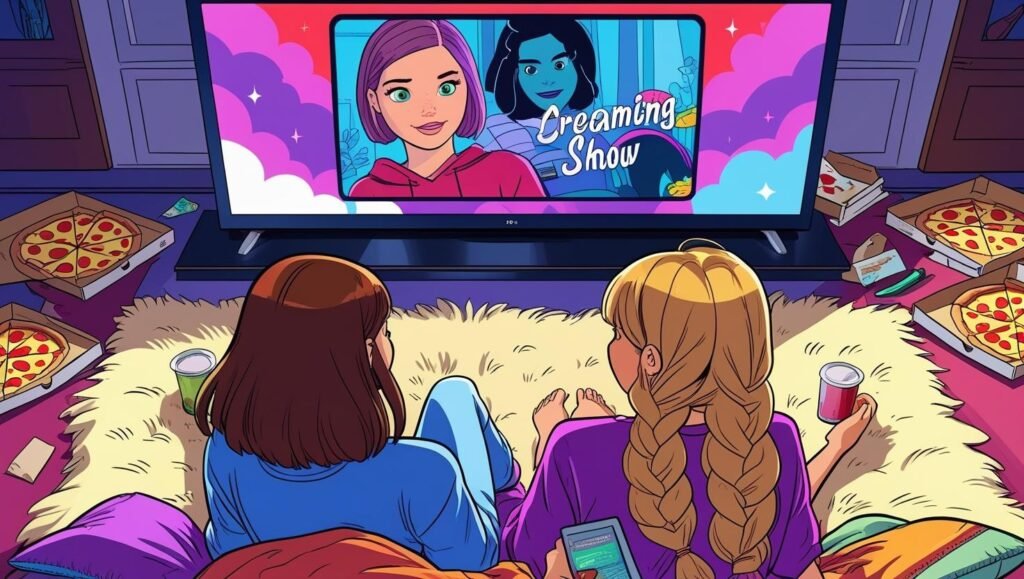 Two cartoon teenage girls binge watching TV