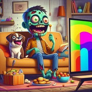 A cartoon zombie watching TV with his dog