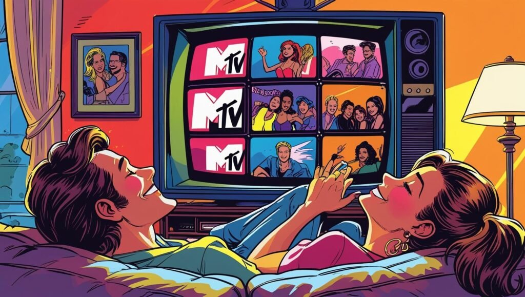 A young cartoon couple watching MTV in the 1980s